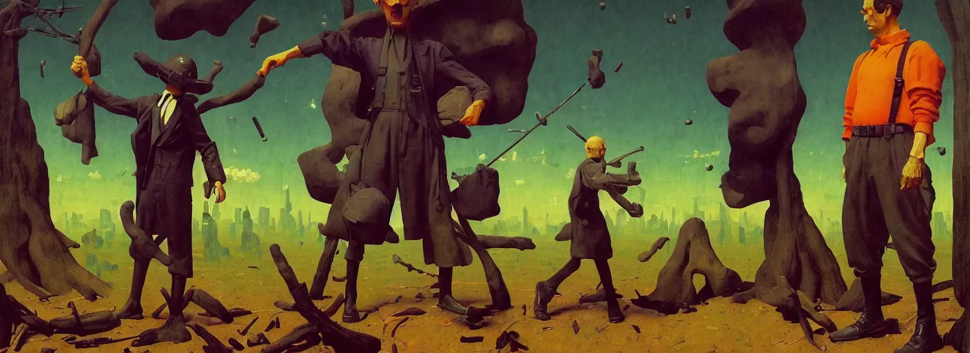 Image similar to full - body portrait surreal colorful clay fighting artstation rpg gentleman character concept art anatomy, action pose, very coherent and colorful high contrast masterpiece by norman rockwell franz sedlacek hieronymus bosch dean ellis simon stalenhag rene magritte gediminas pranckevicius, dark shadows, sunny day, hard lighting, reference sheet white! background