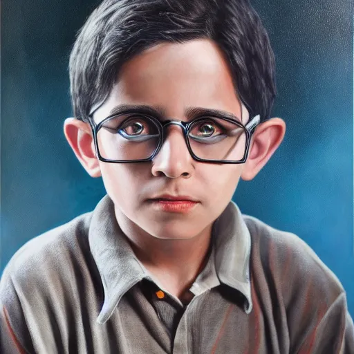 Prompt: A very detailed photorealistic fantasy oil painting of the boy who lived by Manjit Bawa, trending on artstation