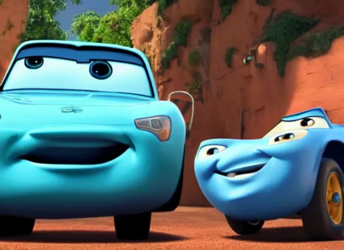 Prompt: a still from disney pixar's cars with a cameo from tommy wiseau