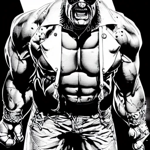 Image similar to cyberpunk hulk hogan, black and white, art by sergio toppi and keith giffen