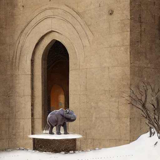 Prompt: monk with hippopotamus head by greg rutkowski, water temple, winter, fantasy