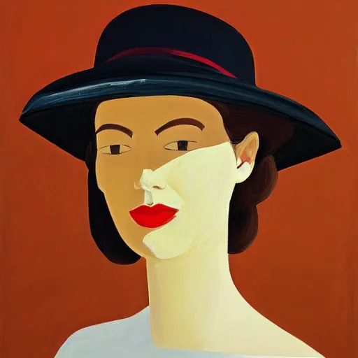 Prompt: beautiful woman with hat, by Alex Katz, colorful, light, oil on canvas