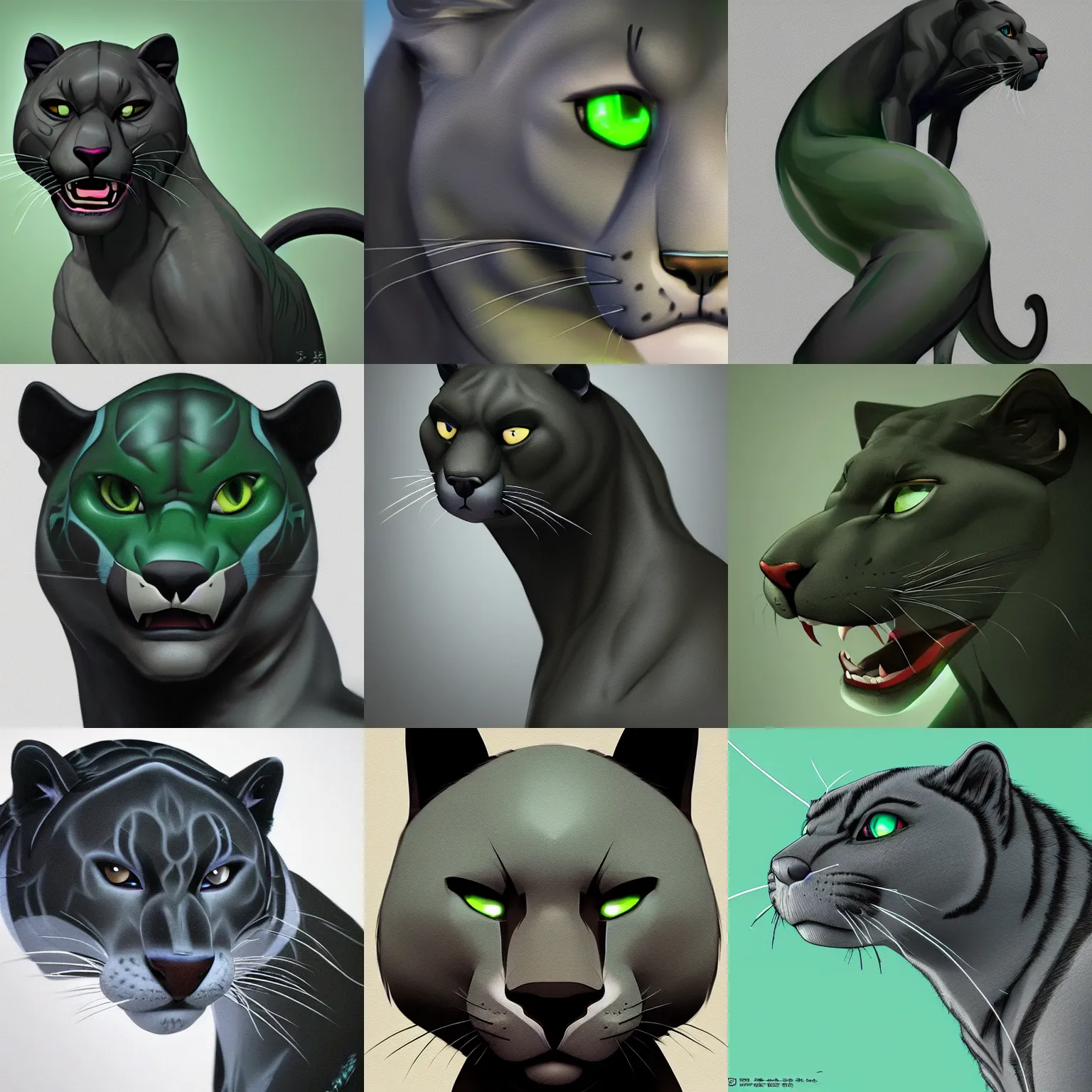 Prompt: grey anthropomorphic panther with green and black hair in zoomania, artstation, hyperrealistic, anime