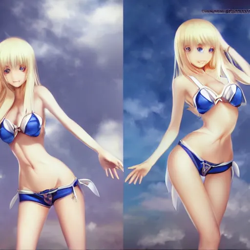 Image similar to picture : a beautiful young blond anime girl, sky blue eyes, bikini, white miniskirt, highly detailed, cinematic wallpaper by stanley artgerm lau