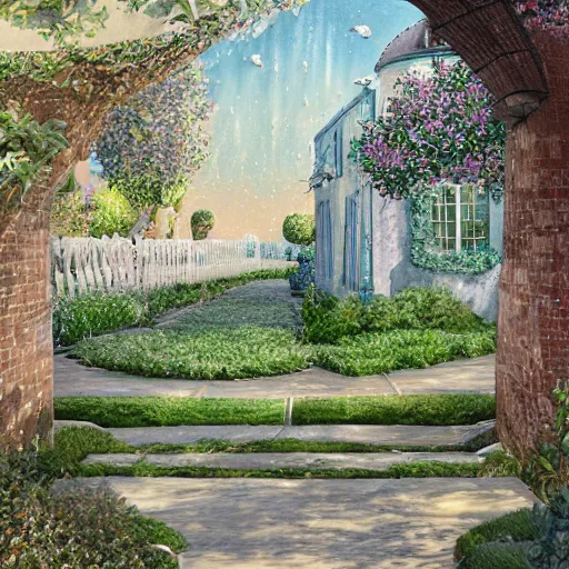 Prompt: delicate starship, chairs, garden, paved, botanic watercolors, iridescent, 8 k, realistic shaded, fine details, artstation, italian, iron gate, tree, mediterranean, marvelous