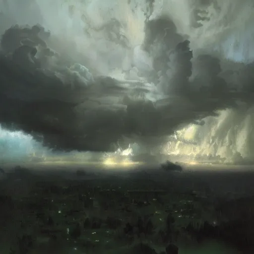 Prompt: a beautiful thunderstorm rolling over a small town, with the clouds illuminated slightly purple, ominous, eerie, craig mullins