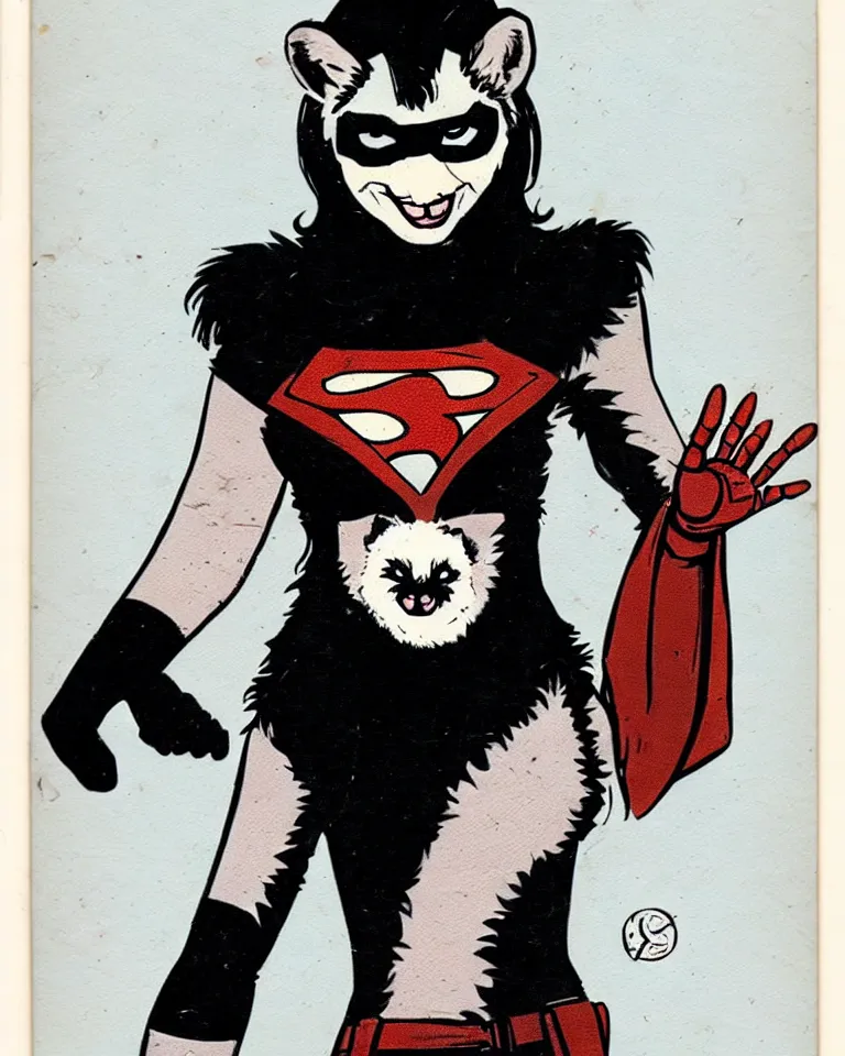 Image similar to new marvel superhero opossum girl, solo portrait, 1 9 7 0 s photo