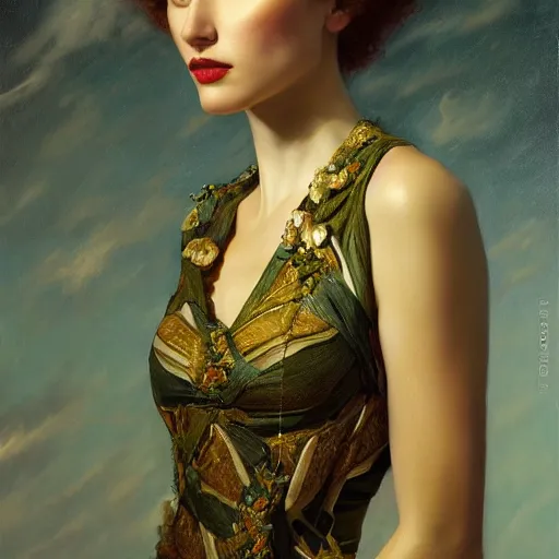 Prompt: highly detailed oil painting | very intricate | cinematic lighting | award - winning | avocado dress design | by roberto ferri, by tom bagshaw, by j. c. leyendecker and klimt, american romanticism, by austin osman spare, artstation, cgsociety, official art, octane