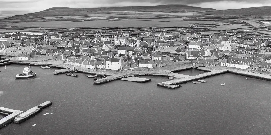 Prompt: an overhead view tintype photograph of the harbour at Stromness orkney