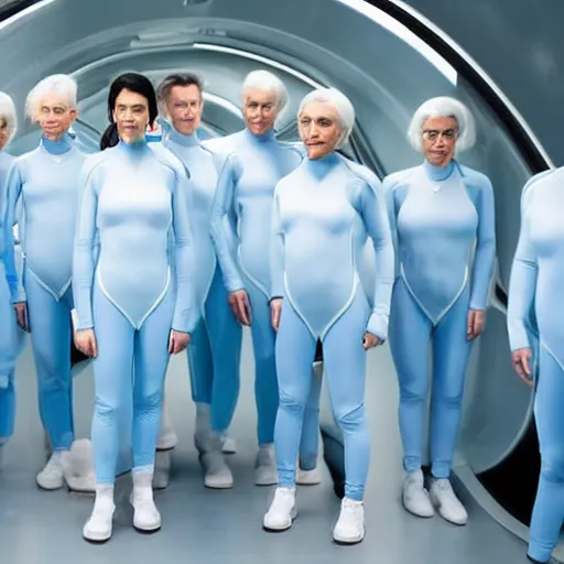 Image similar to group of athletic humans with light blue neoprene suits and white hair standing in tight formation on a conveyor belt, futuristic laboratory, sci - fi, highly detailed, hyperrealistic