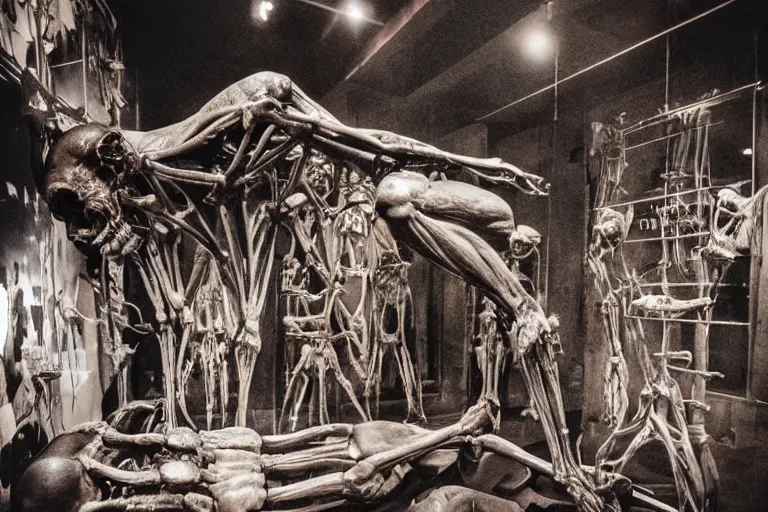 Prompt: inside a museum, a room where anatomical body parts are piece of arts by Rob Bottin at night, filth and grim, very detailed, ultra realistic photography, grainy image, close up 50mm lens Kodak 5219