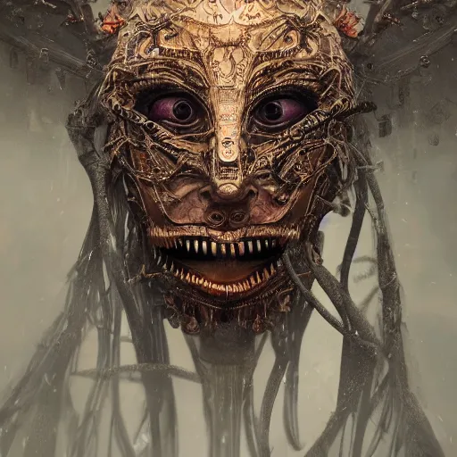 Image similar to Very very very very highly detailed epic zoom out photo of demonic face with venetian mask, intricate, dystopian, sci-fi, extremely detailed, digital painting, artstation, concept art, smooth, sharp focus, illustration, intimidating lighting, incredible art by Anna Dittmann, Anton Pieck, Octane render in Maya and Houdini