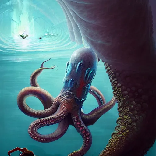 Prompt: a dream fantasy painting of a a swimming man trapped by a giant octopus in the deep of the ocean, by beksinki, giger, greg rutkowski, carne griffith trending on artstation, deviantart, photorealism