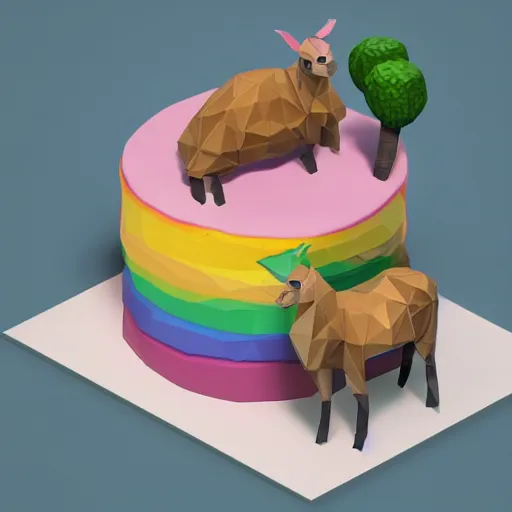 Prompt: an isometric 3 d low - poly render of a llama eating a cake, isometric art