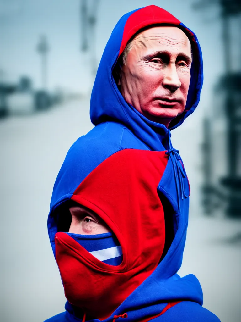 Image similar to body portrait of person in hoodie and red - blue - white bandana looking like vladimir putin in the style of gta game, 8 k super resolution