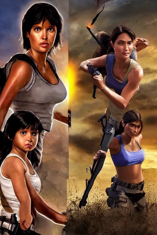 Image similar to Isabela Merced as Dora the Explorer vs Angelina Jolie as Lara Croft, movie concept art, film by Michael Bay