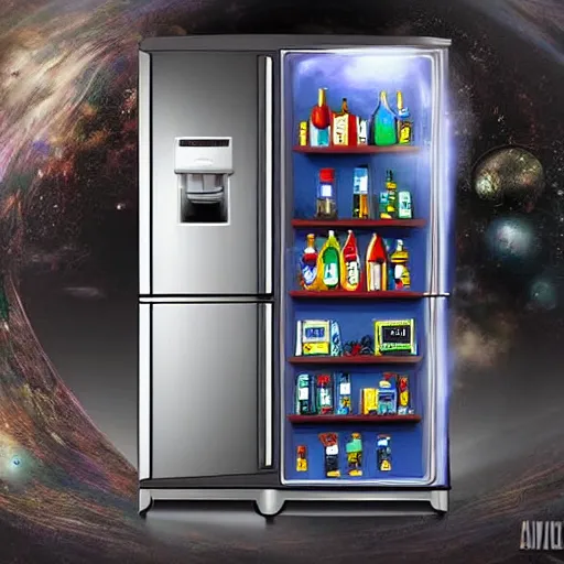 Image similar to a refrigerator that is a portal to the universe, highly detailed, concept art