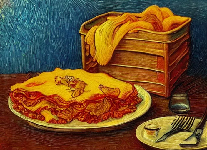 Prompt: detailed realistic realism painting of garfield eating lasagna at dusk, in the style of vincent van gogh and salvador dali and leonardo da vinci