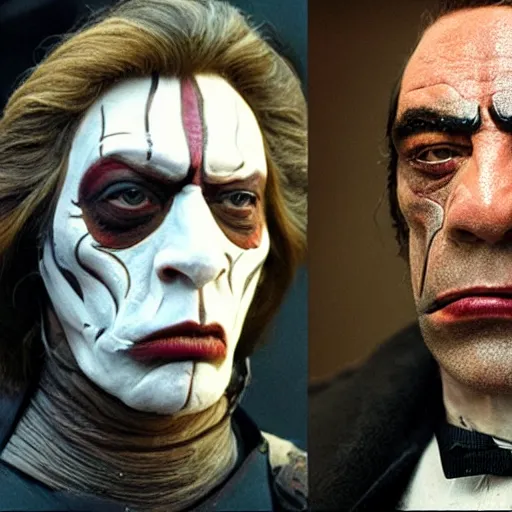 Image similar to Javier Bardem in full makeup and prosthetics for new Star Wars villain Jowdy Hooba, film still, detailed, 4k