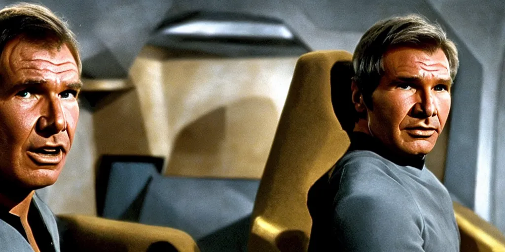 Prompt: Harrison Ford in the role of Captain Kirk in a scene from Star Trek the original series