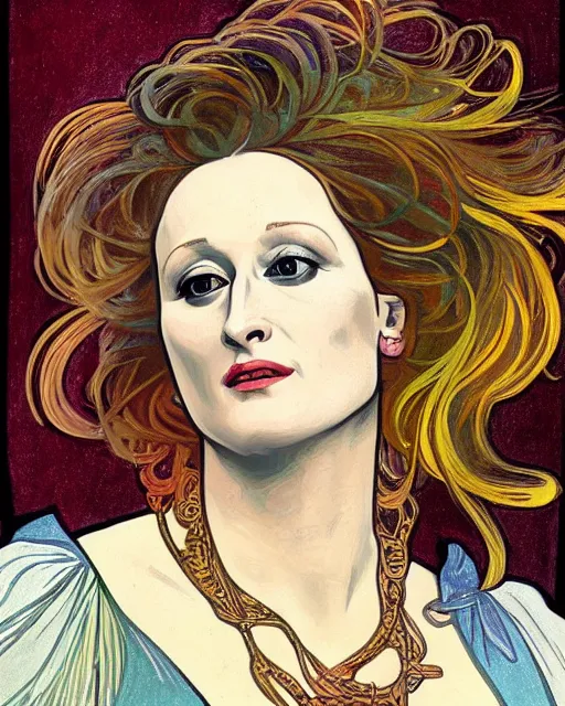 Prompt: a portrait painting of ( ( ( meryl streep ) ) ) in the style of alphonse mucha!!!