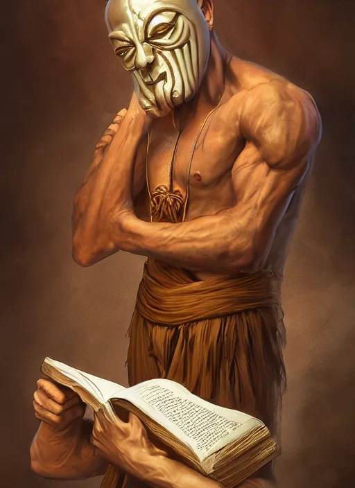 Image similar to Magic Floating Thespian Mask reading a book, no body, bodyless, theater mask, Ivan Aivakovsky, Boris Vallejo, epic fantasy character art, D&D Concept Art, Realistic, Regal, Refined, extremely detailed, Detailed Digital Art, Oil Paining, Exquisite detail, post-processing, masterpiece, Cinematic Lighting, Unreal Engine, 8k, HD, Stanley Artgerm Lau, WLOP, Rossdraws, Frank Frazetta, Andrei Riabovitchev, Marc Simonetti, trending on artstation, flawless