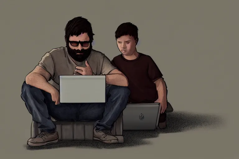 Prompt: hangover man sitting with laptop and sad kid staying near the man. high detail, trending on artstation