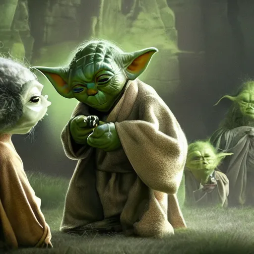 Image similar to stunning awe inspiring photo of various members of yoda's species interacting with eachother and performing strange rituals on their home planet, award winning nature photo 8 k hdr amazing lighting highly detailed, realistic