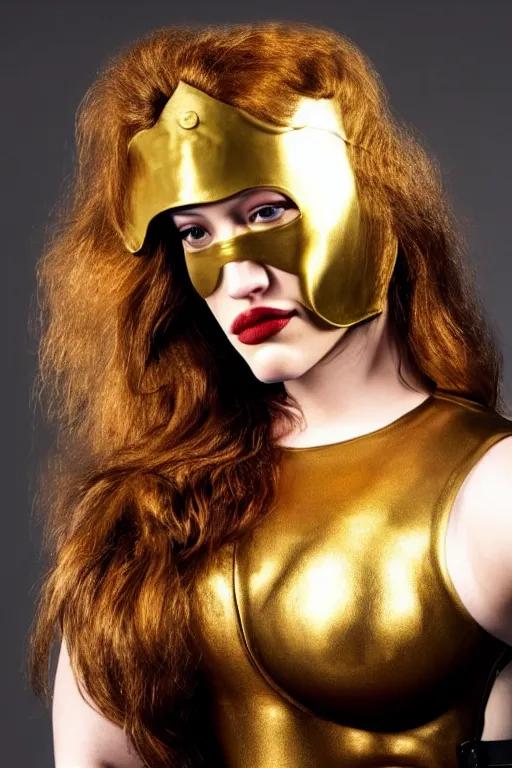 Prompt: Kat Dennings wearing golden mask, hair like fire, muscular, in dark soul