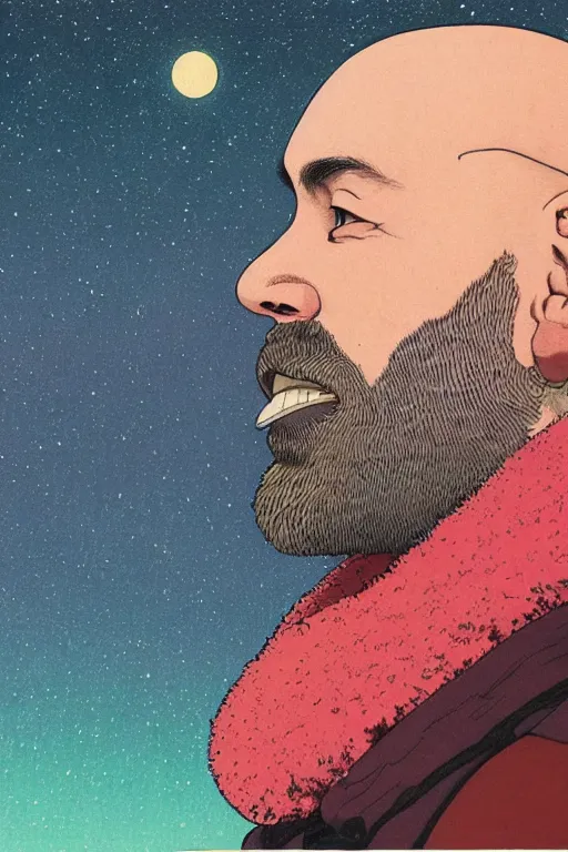 Prompt: a colorful closeup portrait of a bald long bearded man, dreaming psychedelic hallucinations in the vast icy landscape of antarctica, by kawase hasui, moebius and edward hopper, colorful flat surreal design, hd, 8 k, artstation