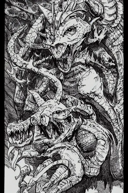 Image similar to agumon the digimon as a d & d monster, pen - and - ink illustration, etching, by russ nicholson, david a trampier, larry elmore, 1 9 8 1, hq scan, intricate details, high contrast