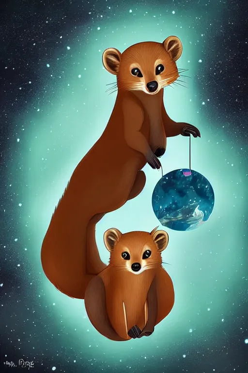 Prompt: giant pine marten in space holding a planet, digital art, trending on artstation, highly detailed, minimalistic art