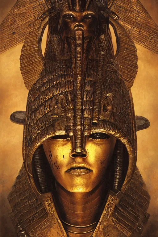 Prompt: portrait of egyptian god horus, gold, pyramids, hieroglyphs, by hr giger, greg rutkowski, luis royo and wayne barlowe as a diablo, resident evil, dark souls, bloodborne monster