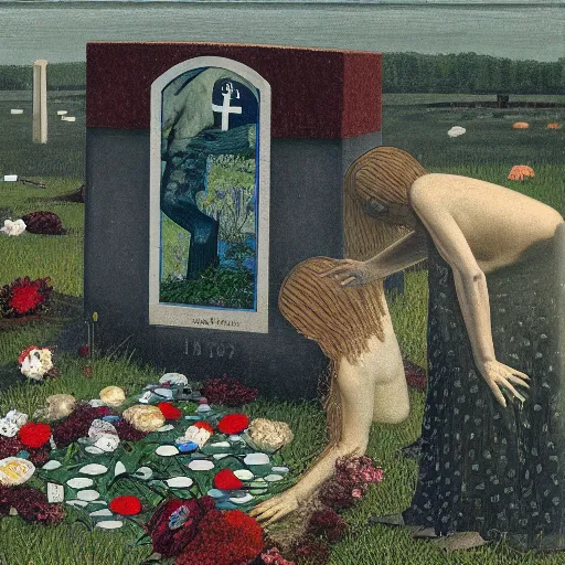 Image similar to by horace pippin, by serge marshennikov threatening. the computer art shows a grave that has been flooded with water. the grave is located in a cemetery in italy. the water in the grave is dirty & there is trash floating in it. the grave is surrounded by a fence.