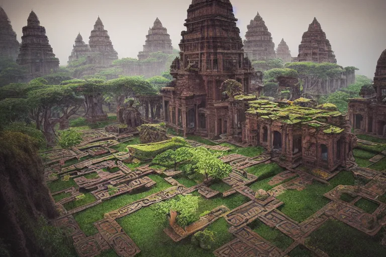 Image similar to photography of a beautiful archipelago of never seen before stunning ancient indian temple and palaces. complex intricate pilars patern, runes. trees water and flowers. afternoon light, inspiring science fiction, intricate, elegant, uplifting, inspirational, unreal engine 5, highly detailed by beksinski