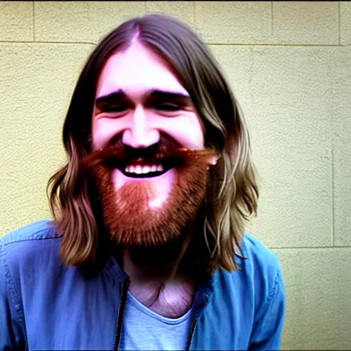 Prompt: bearded long - haired bo burnham outside of his house, smiling and dancing, ultra - realistic, 8 k