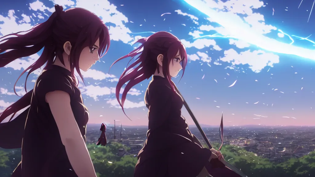 Image similar to emma watson in heavens feel movie, demon slayer, ufotable, kyoani, high quality, artstation, greg rutkowski, cinematic, city background, night time, rooftop, fate stay night, unlimited blade works, greg rutkowski, high resolution, dynamic pose, close up, street clothes, action, anime, high angle, sakuga