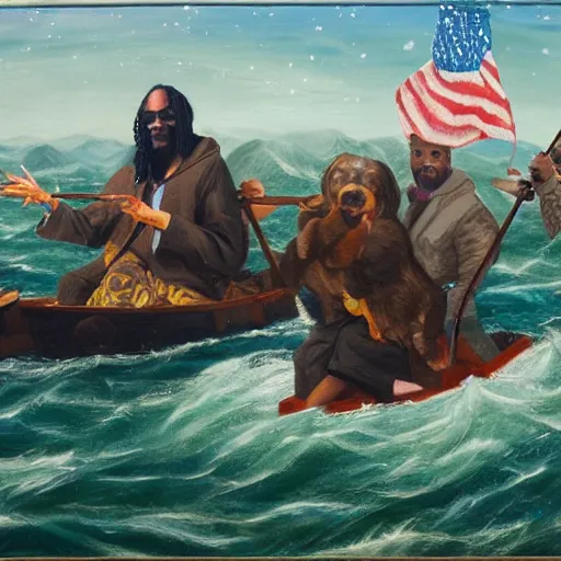 Prompt: Snoop Dogg crossing the Delaware, oil on canvas