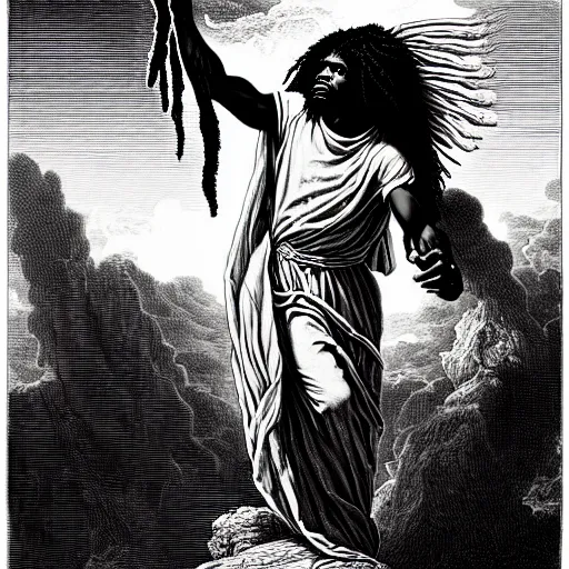 Image similar to cheef keef ascending into heaven holding stacks of cash, biblical image, style of gustave dore, highly detailed, beautiful, high contrast, black and white