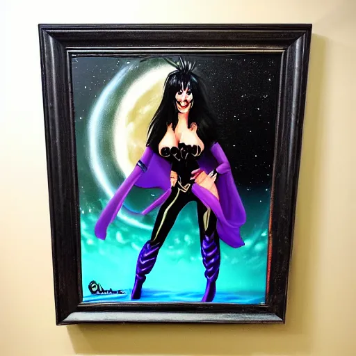 Prompt: Elvira as a cosmic super villain, dark oil painting by crypt keeper