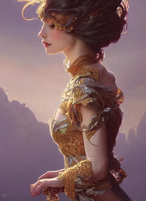 Prompt: portrait of a beautiful female wearing a fashion costume From Couture, upper and lower body, D&D, fantasy, intricate, elegant, highly detailed, digital painting, artstation, concept art, smooth, sharp focus, illustration, art by artgerm and greg rutkowski and alphonse mucha