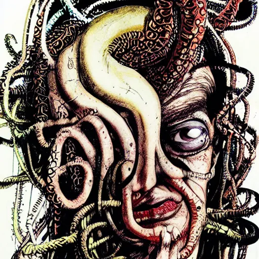 Prompt: graphic illustration, creative design, medusa, biopunk, by ralph steadman, francis bacon, hunter s thompson