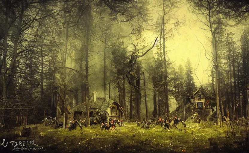 Prompt: house in the wood, around crowd of people with swords, lances and fireballs fighting against black wolves, epic scene, inspire by ivan shishkin, william blake, andrei tarkovsky, inspire artwork by jakub rozalski, analogue photo quality, blur, unfocus, 35mm, lomography, noise effect, soft