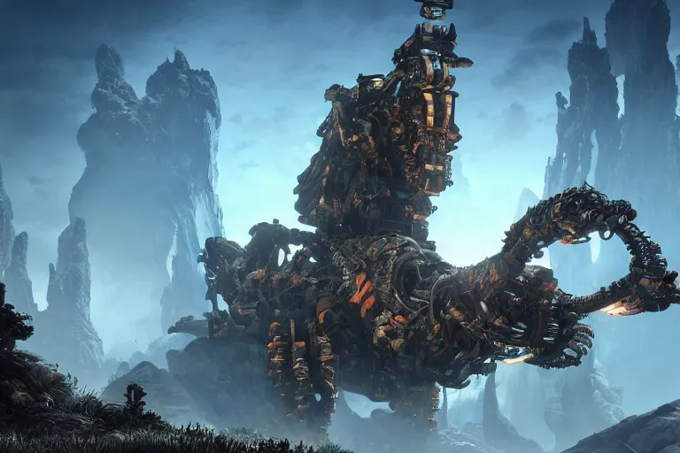 Image similar to tremortusk machine mecanical creature robot of horizon forbidden west horizon zero dawn bioluminiscence global illumination ray tracing hdr fanart arstation by sung choi and eric pfeiffer and gabriel garza and casper konefal