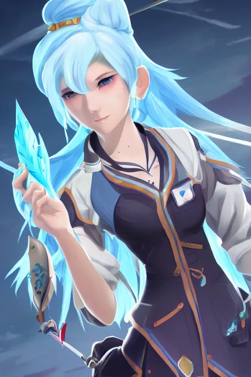 Image similar to a south korean female from paladins, white ponytail hair, she is holding a kunai, cloud tattoos on her arms, wearing light blue short jacket, highly detailed digital art, character design, masterpiece