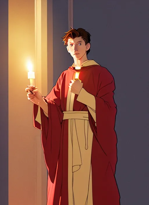 Image similar to tom holland as a priest wearing robes. holding golden candlestick, in a monestry natural lighting, path traced, highly detailed, high quality, digital painting, by don bluth and ross tran and studio ghibli and alphonse mucha, artgerm