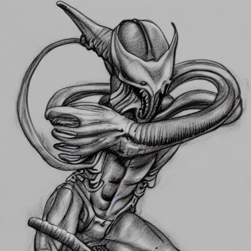 Image similar to a pencil sketch of a cowboy riding a xenomorph on a white background