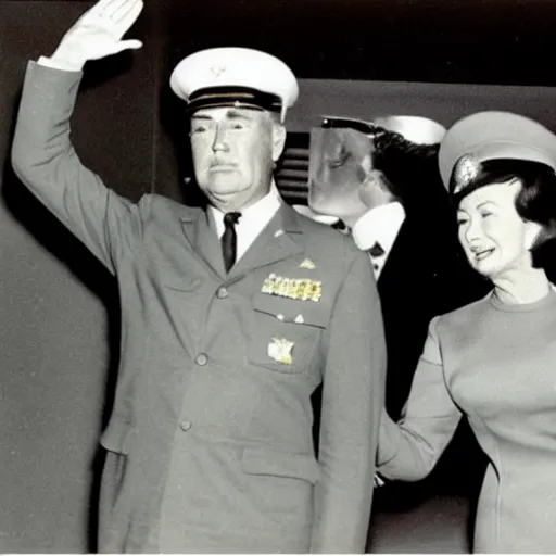 Image similar to A photo from the 1960s shows Pelosi and Trump saluting in Chinese military uniforms.