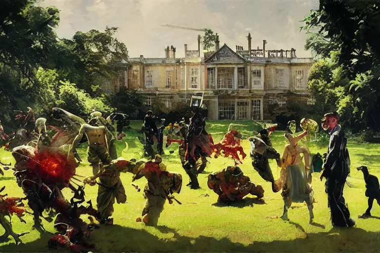 Prompt: pulp scifi illustration, expansive lawn of distant english stately home, by norman rockwell, jack kirby, john berkey, bergey, craig mullins, ruan jia, raymond swanland, jeremy mann, beksinski, tom lovell, tyler edlin, alex malveda, schomburg