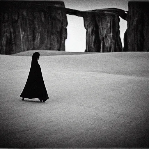 Prompt: A woman with a black cloak is riding a dark horse from distance, Kodak TRI-X 400, dark mood, melancholic